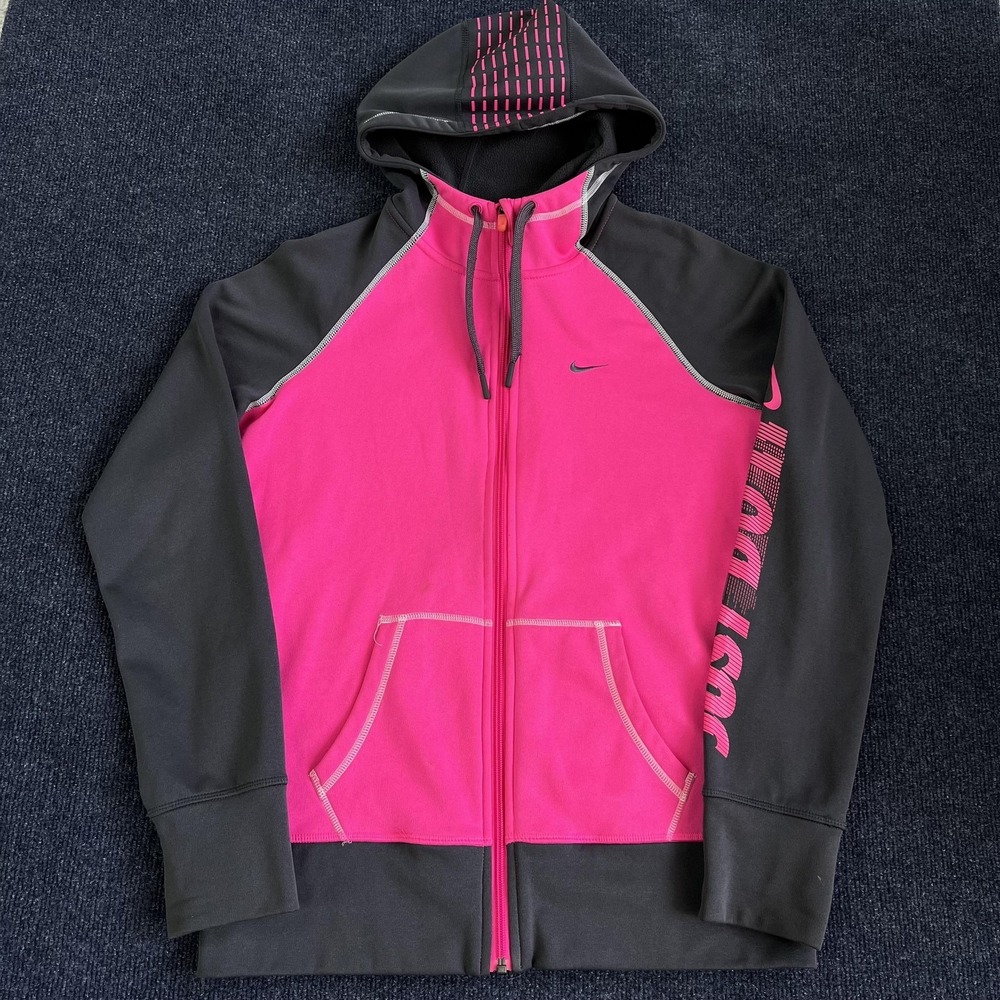 Nike Therma-Fit Hoodie Womens Medium Pink Gray Fleece Full Zip Just Do‎ It